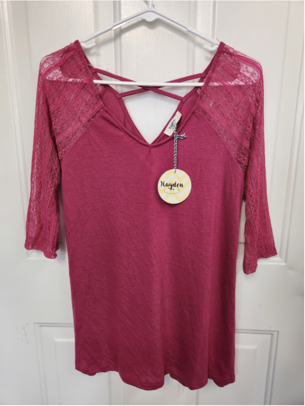 Hayden Los Angeles dark pink v neck blouse with 3/4 sleeves